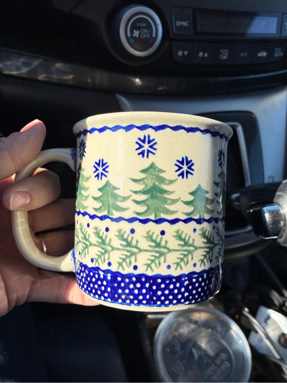 Polish pottery 
Festive Tree & Snowflake Ceramic Mug - Green and Blue